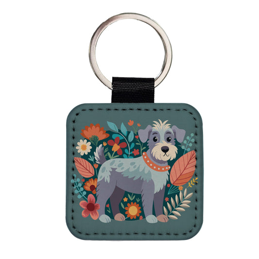 Schnoodle Floral Motif Dog Gray Square Faux Leather Keychain