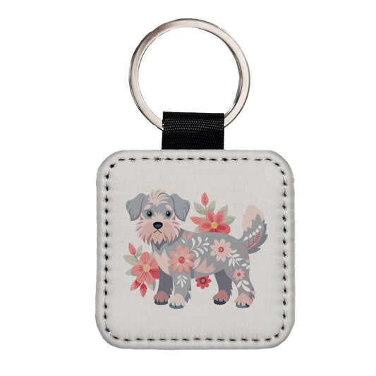 Schnoodle Floral Motif Dog Square Faux Leather Keychain
