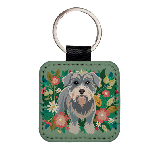Schnoodle Floral Motif Green Dog Square Faux Leather Keychain