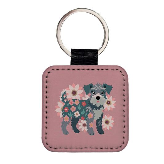 Schnoodle Floral Motif Pink Dog Square Faux Leather Keychain