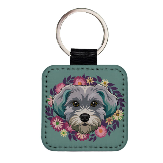 Schnoodle Head Floral Motif Dog Cute Square Faux Leather Keychain