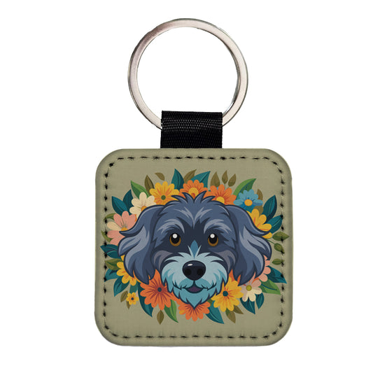 Schnoodle Head Floral Motif Dog Square Faux Leather Keychain