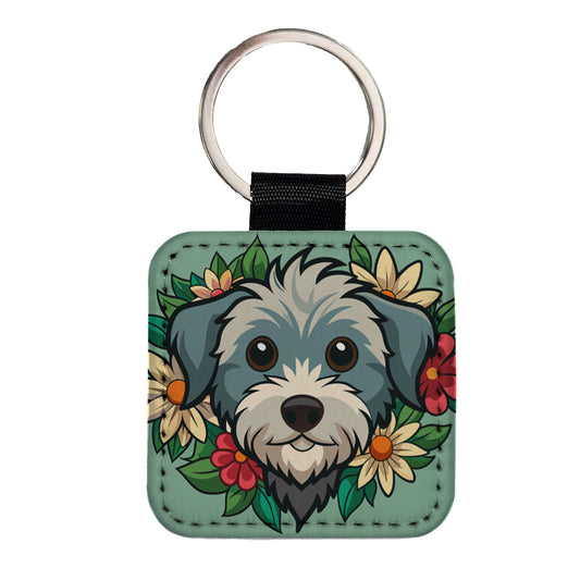 Schnoodle Head Floral Motif Green Dog Square Faux Leather Keychain