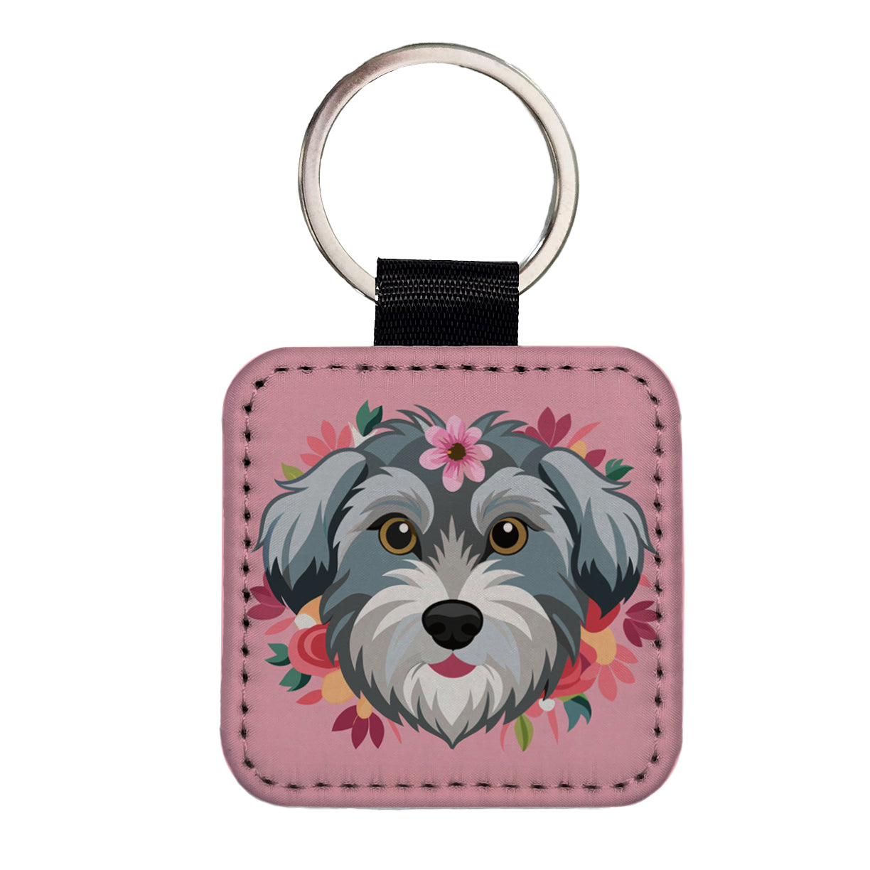 Schnoodle Head Floral Motif Pink Dog Square Faux Leather Keychain