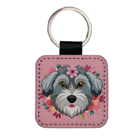 Schnoodle Head Floral Motif Pink Dog Square Faux Leather Keychain
