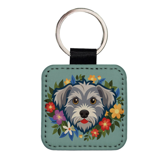 Schnoodle Head Floral Motif Square Faux Leather Keychain