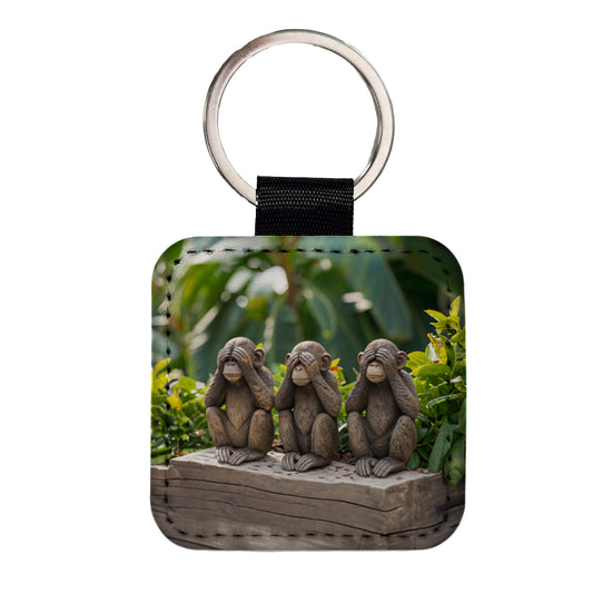 See No Evil Monkeys Funny Square Faux Leather Keychain