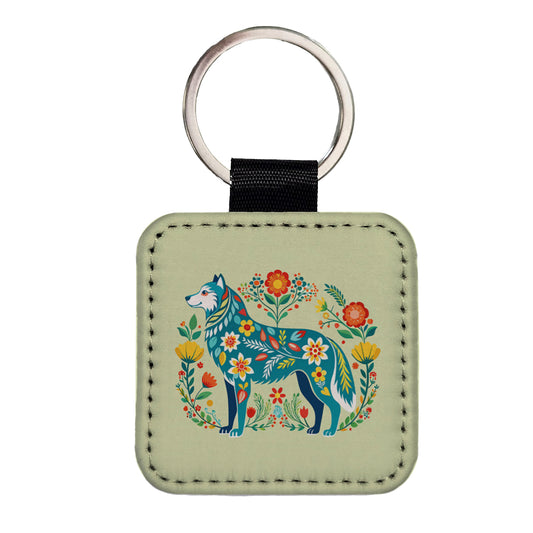 Siberian Retriever Floral Motif Beautiful Dog Square Faux Leather Keychain