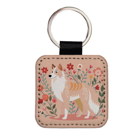 Siberian Retriever Floral Motif Dog Cute Square Faux Leather Keychain