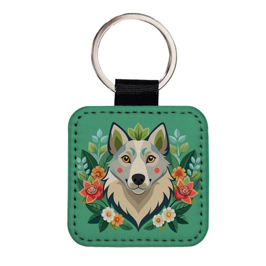 Siberian Retriever Head Floral Motif Green Dog Square Faux Leather Keychain