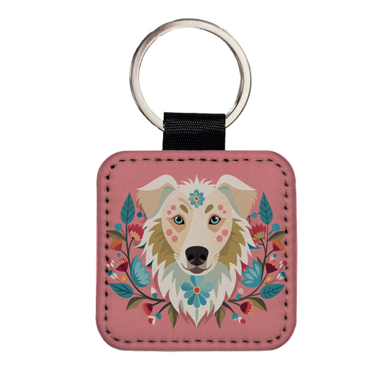 Siberian Retriever Head Floral Motif Pink Dog Square Faux Leather Keychain