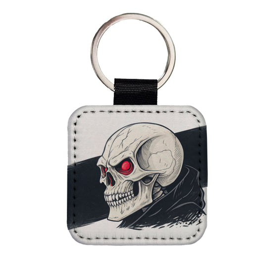 Skull With Red Eyes Menacing Square Faux Leather Keychain