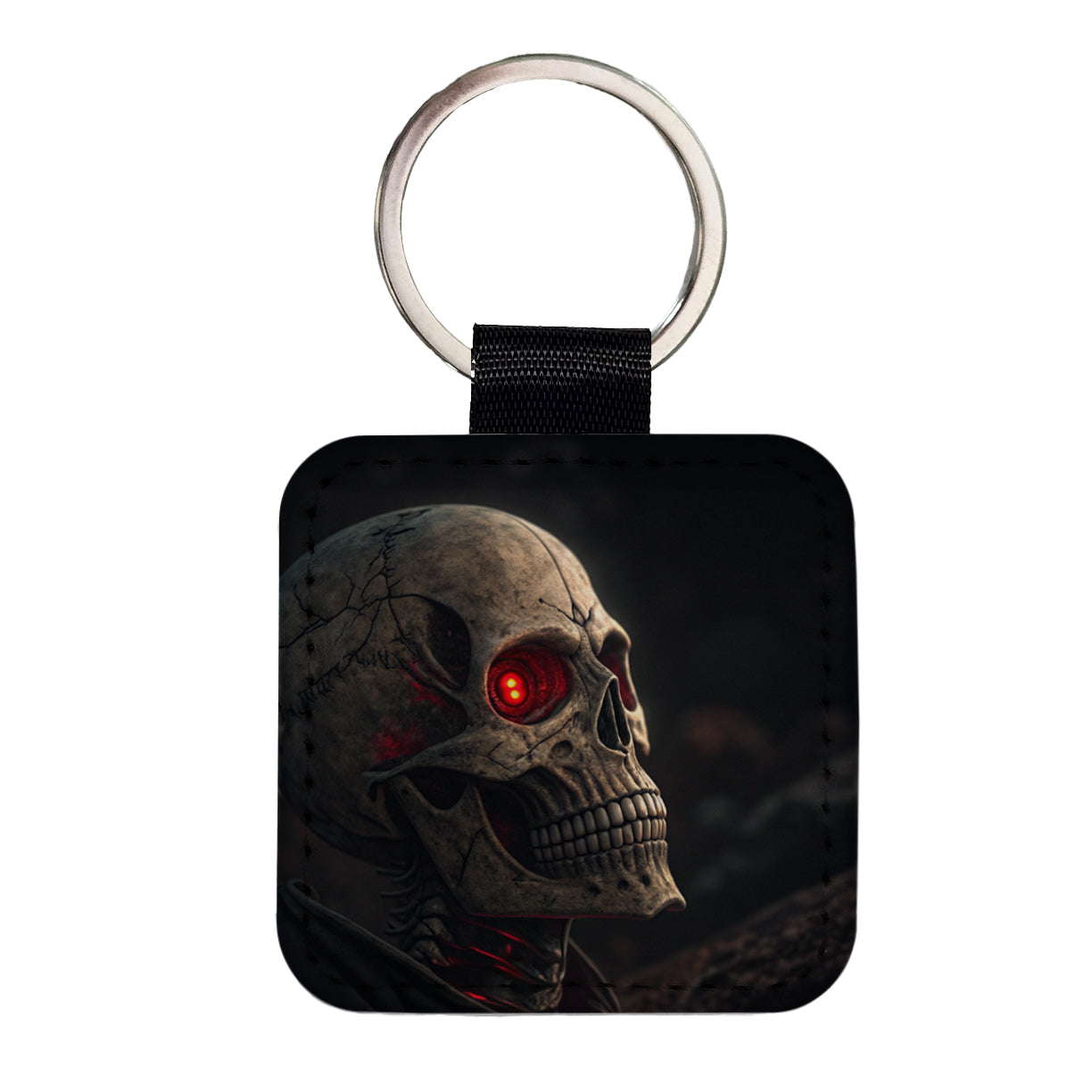 Skull With Red Eyes Square Faux Leather Keychain