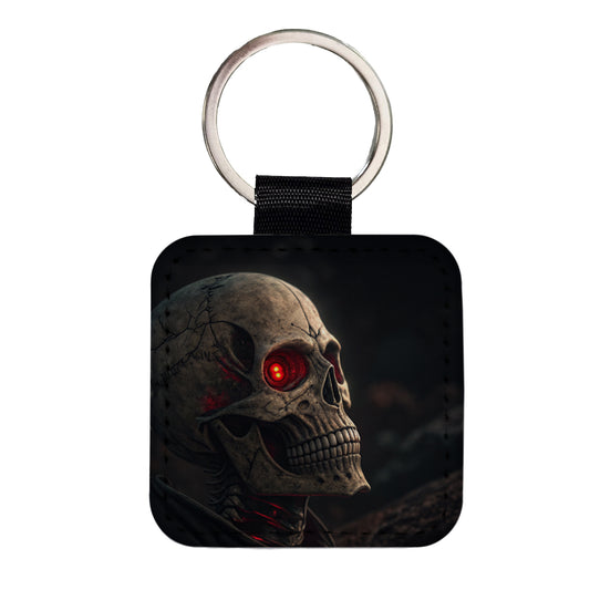 Skull With Red Eyes Square Faux Leather Keychain