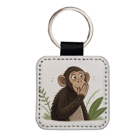 Speak No Evil Monkey Funny Square Faux Leather Keychain