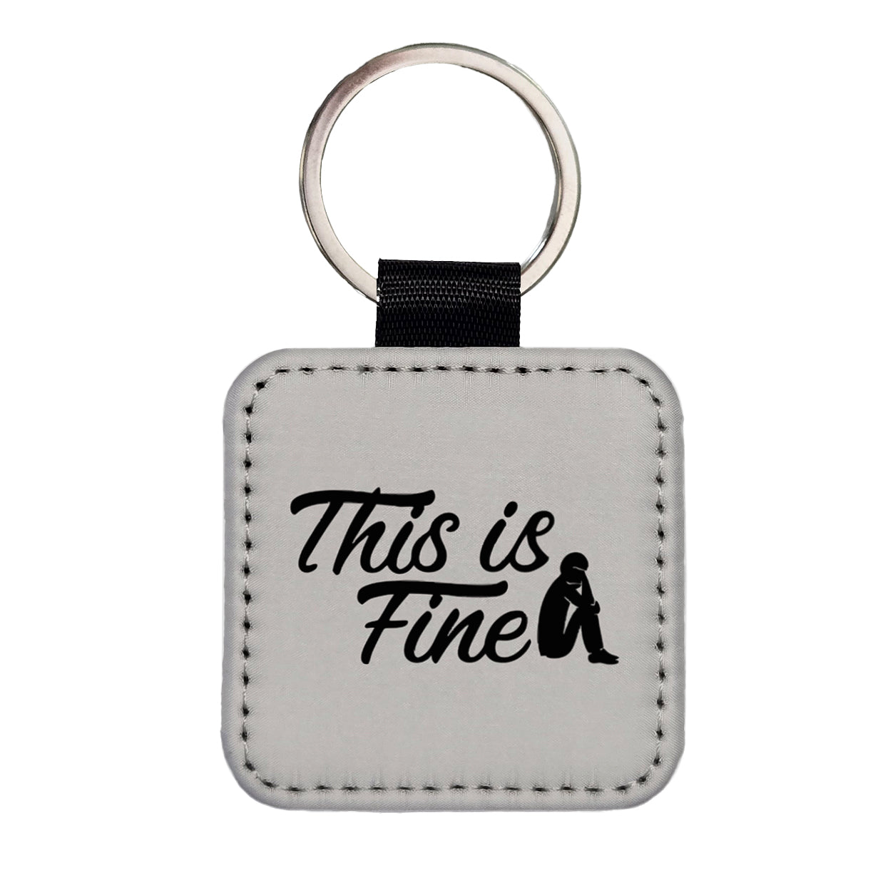 This Is Fine Funny Square Faux Leather Keychain