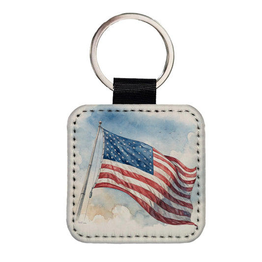 Waving American Flag Watercolor USA United States Square Faux Leather Keychain