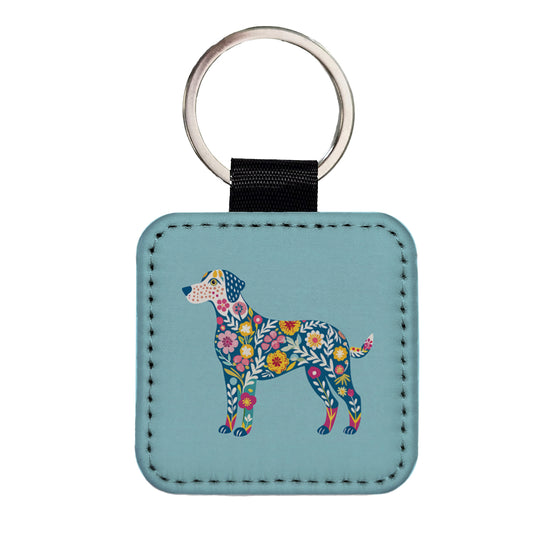 Weimador Floral Motif Blue Dog Square Faux Leather Keychain