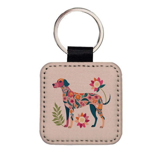 Weimador Floral Motif Cute Dog Square Faux Leather Keychain