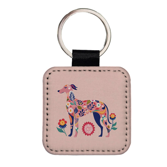 Weimador Floral Motif Light Pink Dog Square Faux Leather Keychain