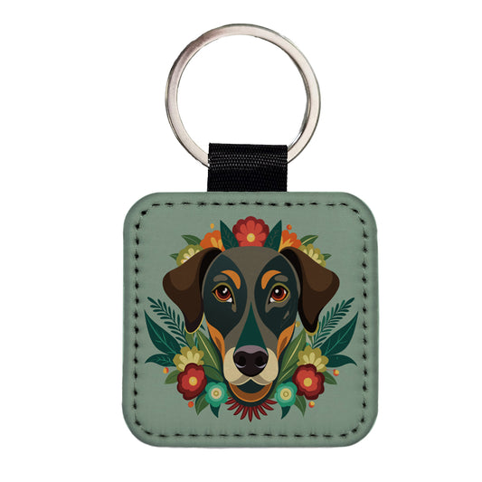 Weimador Head Floral Motif Gray Dog Square Faux Leather Keychain