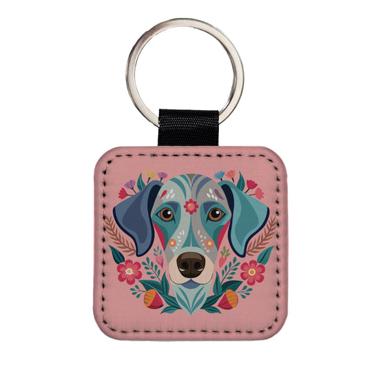 Weimador Head Floral Motif Light Pink Dog Square Faux Leather Keychain