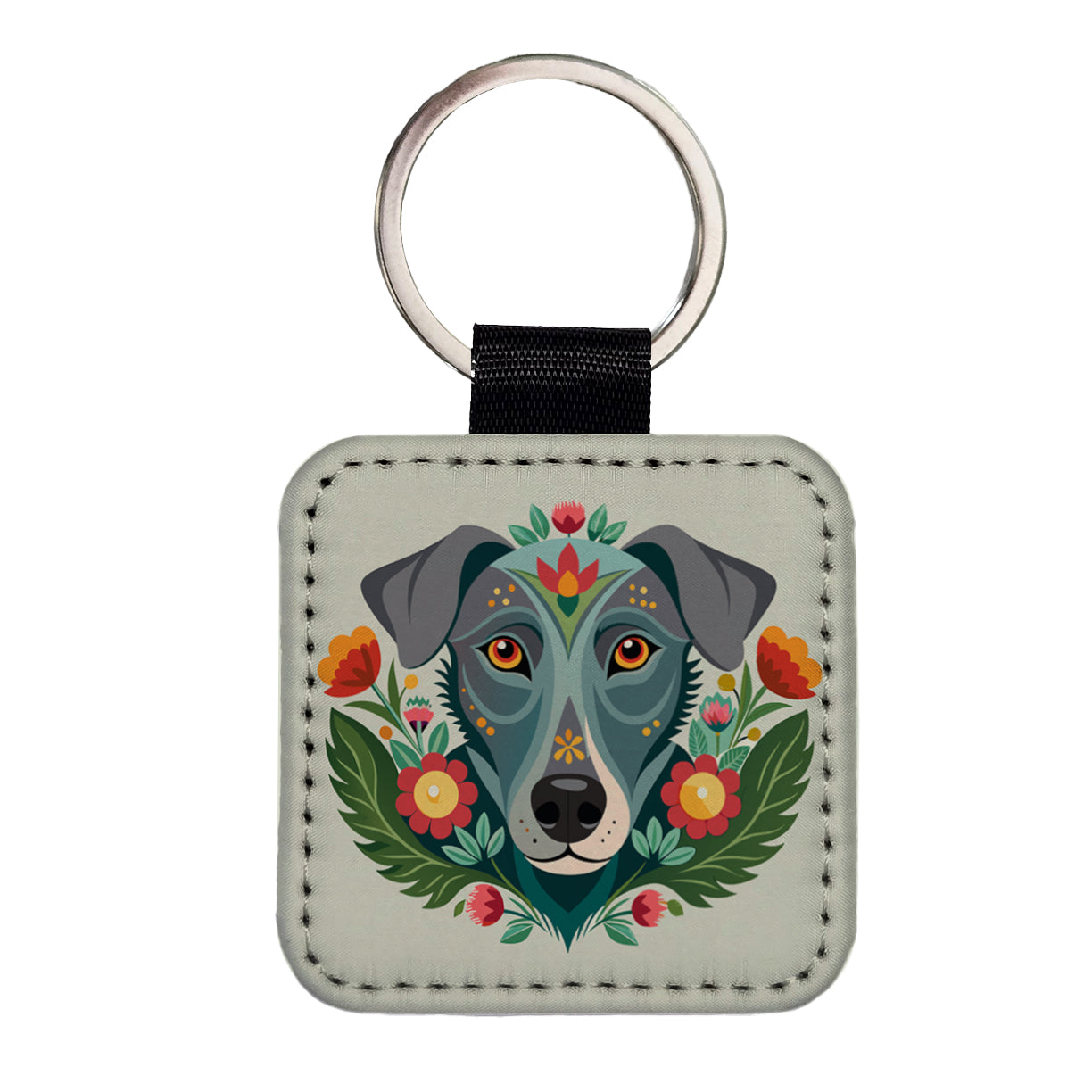Weimador Head Floral Motif Square Faux Leather Keychain