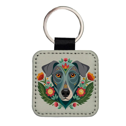 Weimador Head Floral Motif Square Faux Leather Keychain