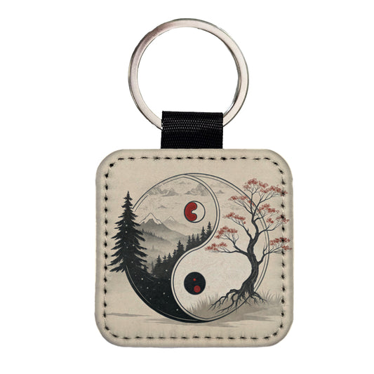 Yin Yang Japanese Cherry Blossoms Square Faux Leather Keychain
