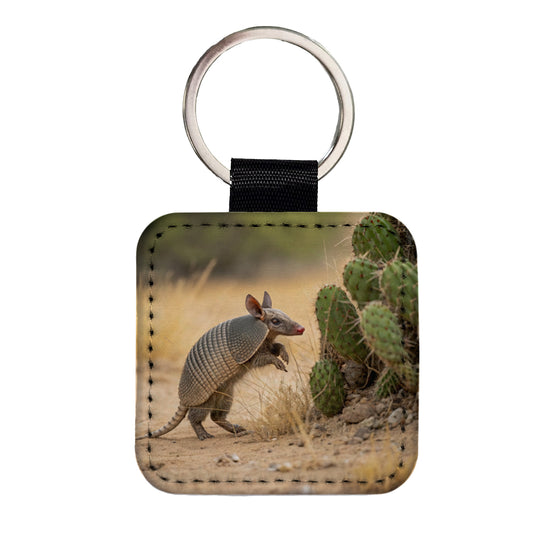 Armadillo In Desert Square Faux Leather Keychain