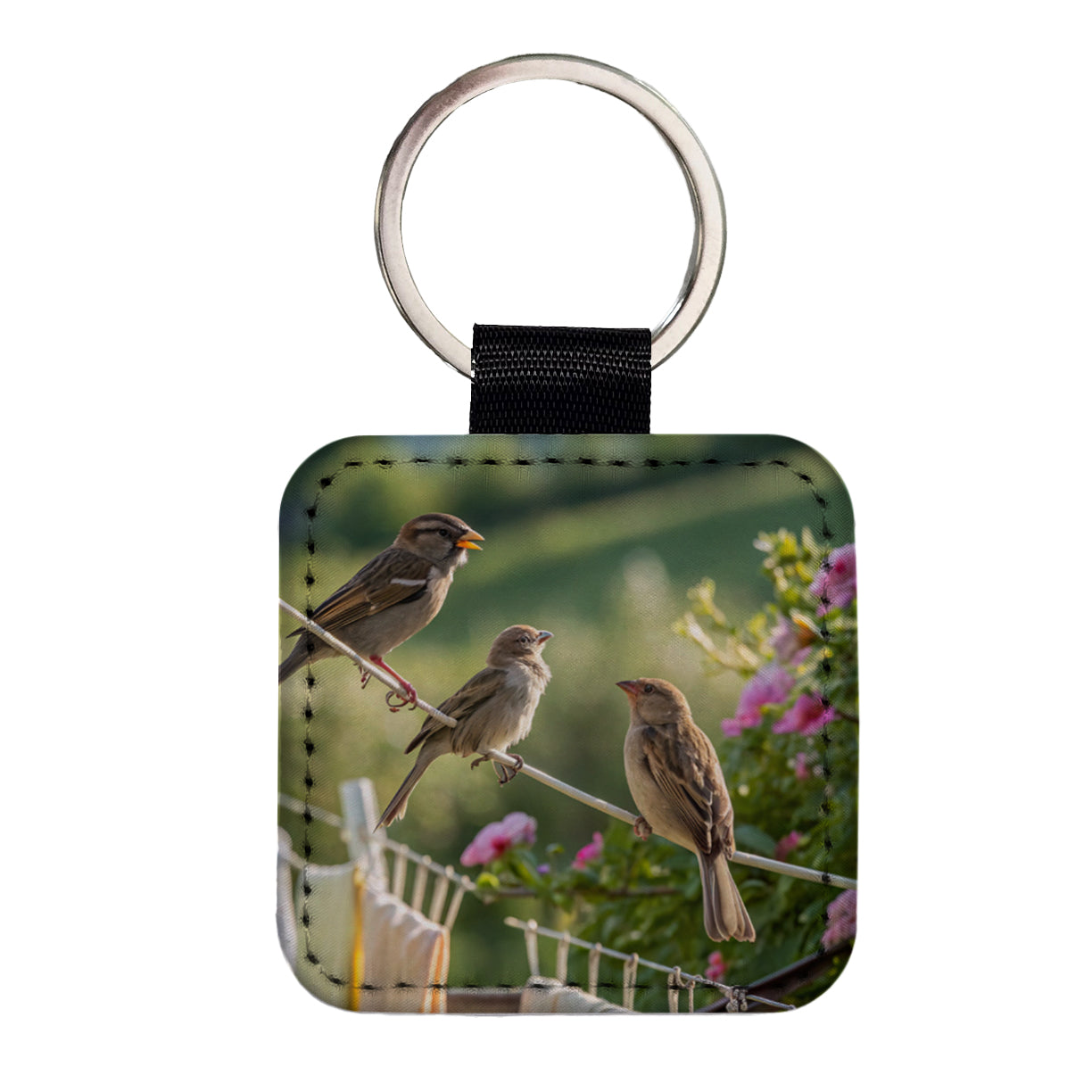 Birds On A Clothesline Square Faux Leather Keychain