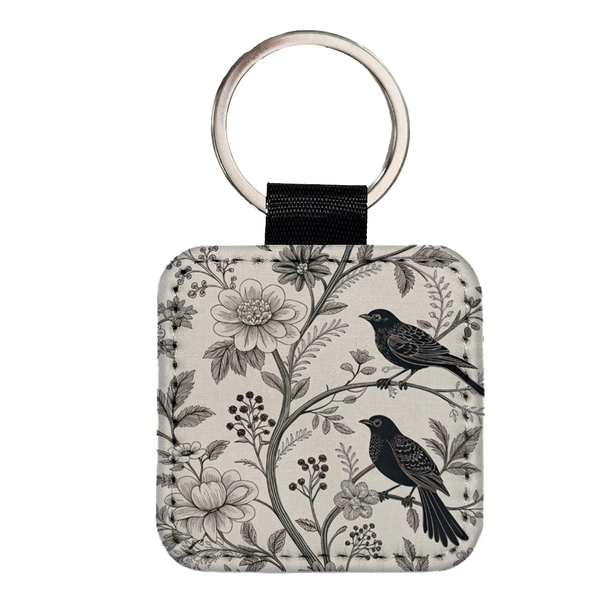 Black On White Toile With Birds Square Faux Leather Keychain