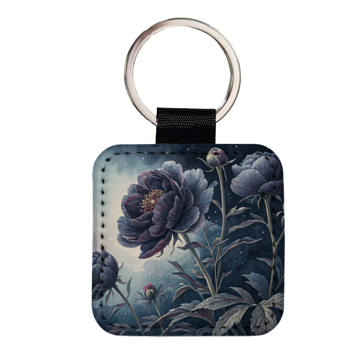 Black Peony Flowers Square Faux Leather Keychain