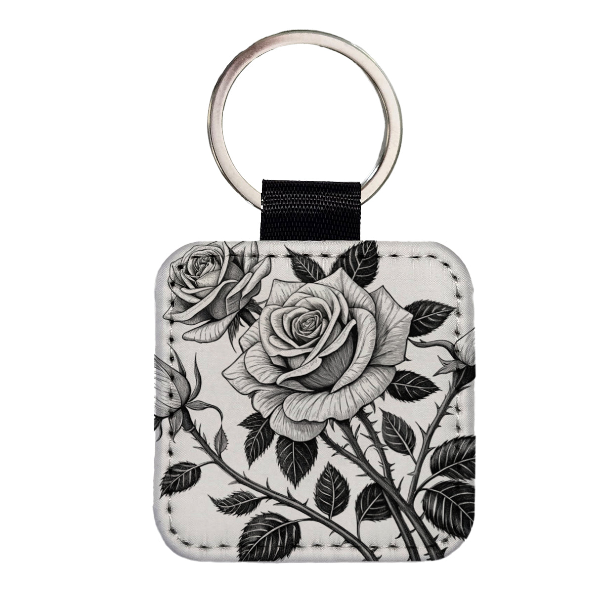 Black White Roses Square Faux Leather Keychain