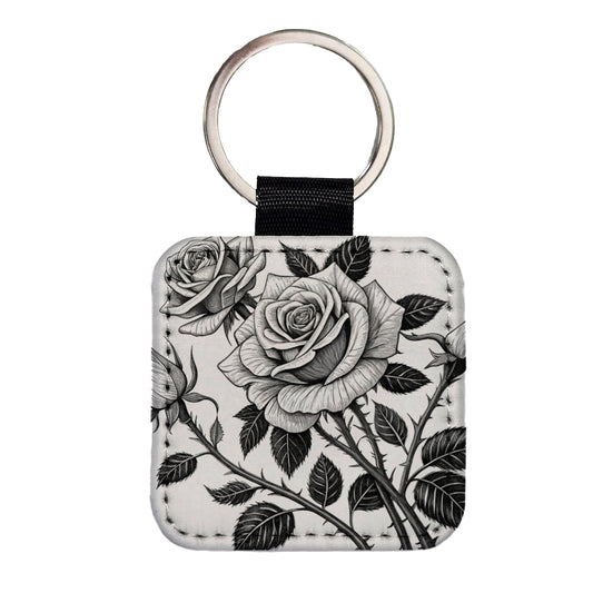 Black White Roses Square Faux Leather Keychain