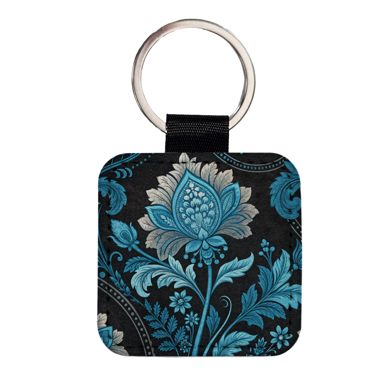 Blue Damask On Black Square Faux Leather Keychain