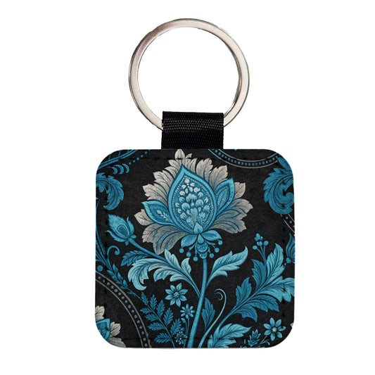 Blue Damask On Black Square Faux Leather Keychain