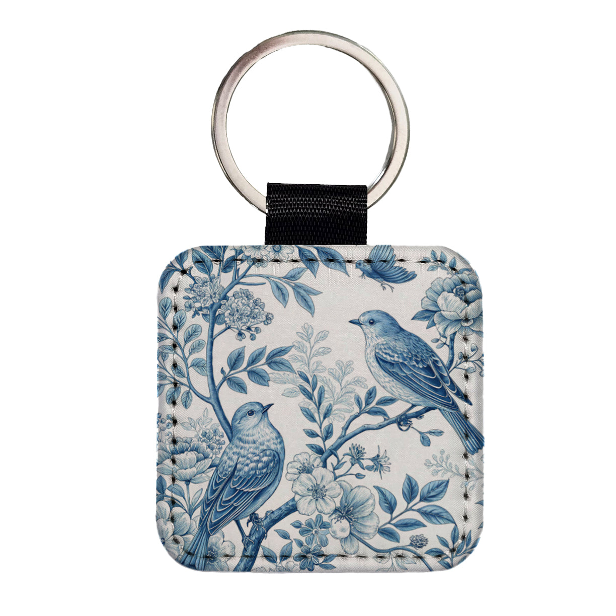 Blue On White Toile With Birds Square Faux Leather Keychain