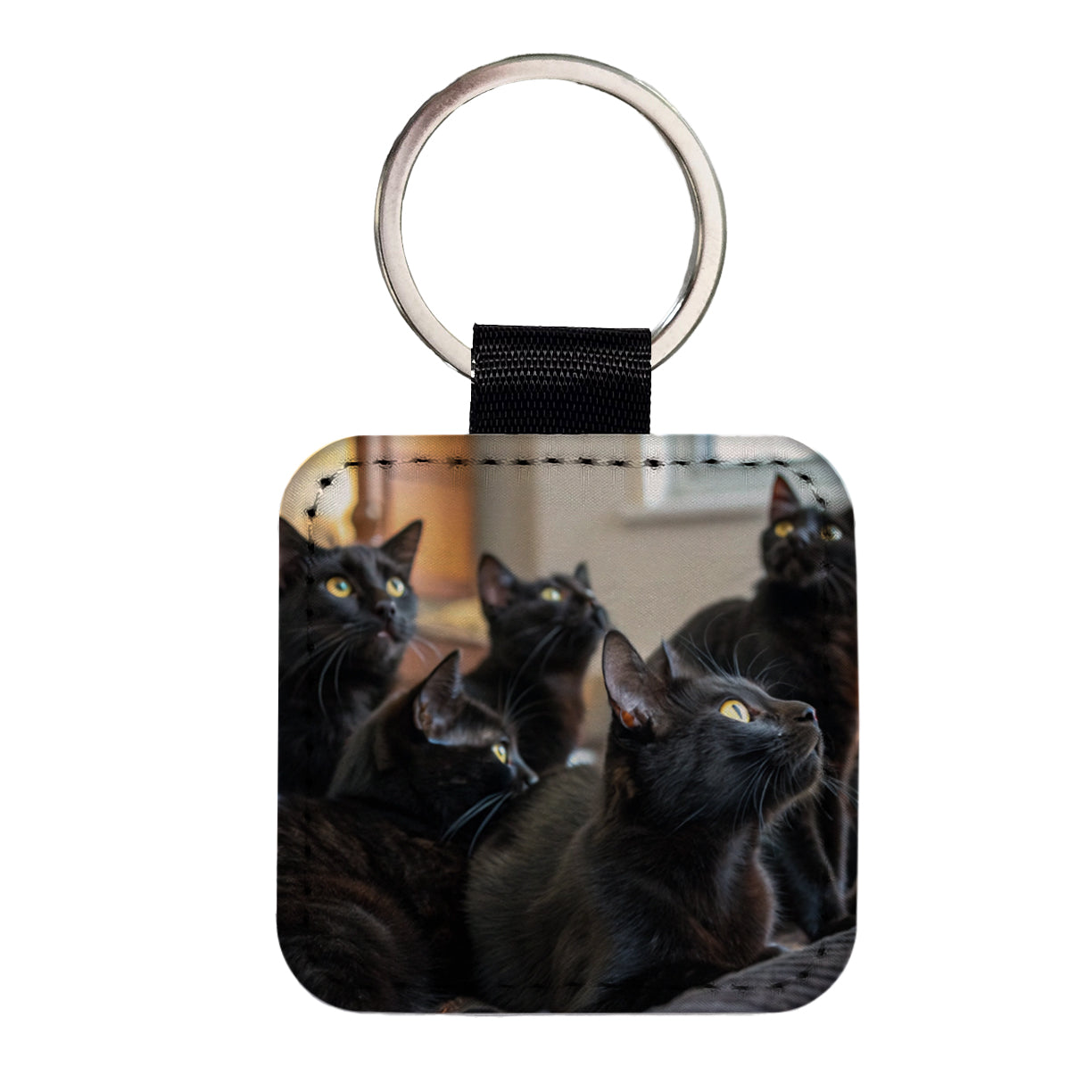 Bunch Of Black Cats Square Faux Leather Keychain