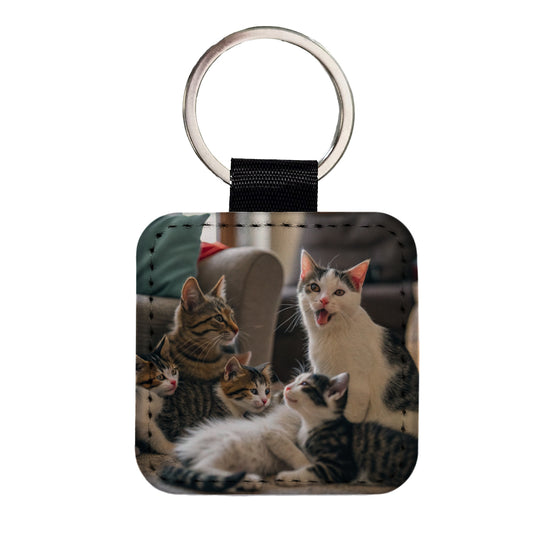 Bunch Of Cats Square Faux Leather Keychain