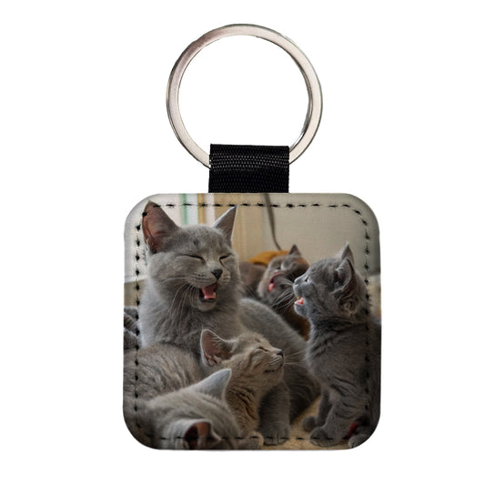Bunch Of Gray Cats Square Faux Leather Keychain