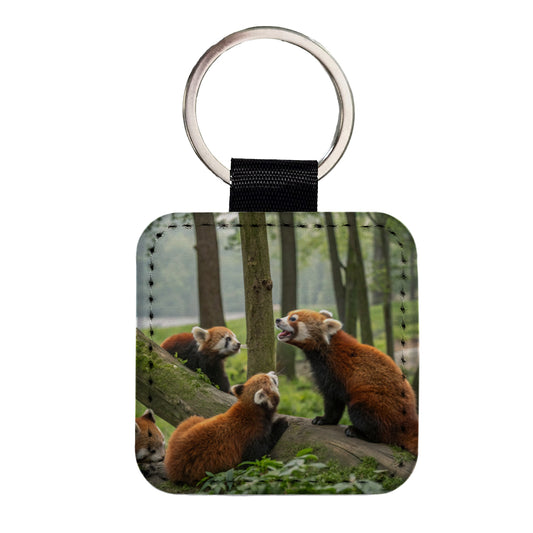 Bunch Of Red Pandas Square Faux Leather Keychain