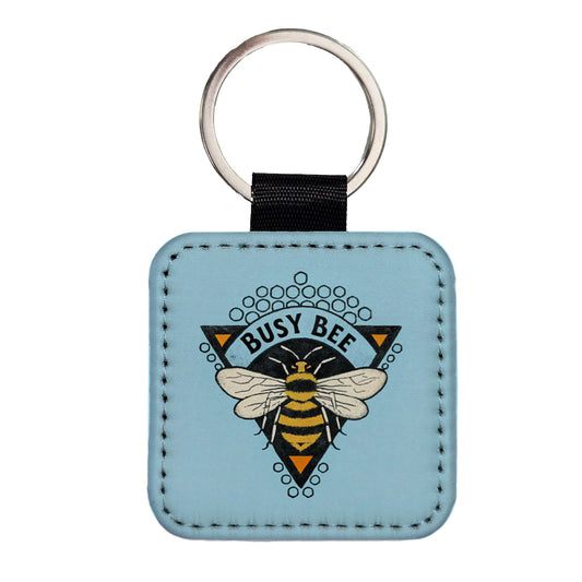 Busy Bee Blue Square Faux Leather Keychain