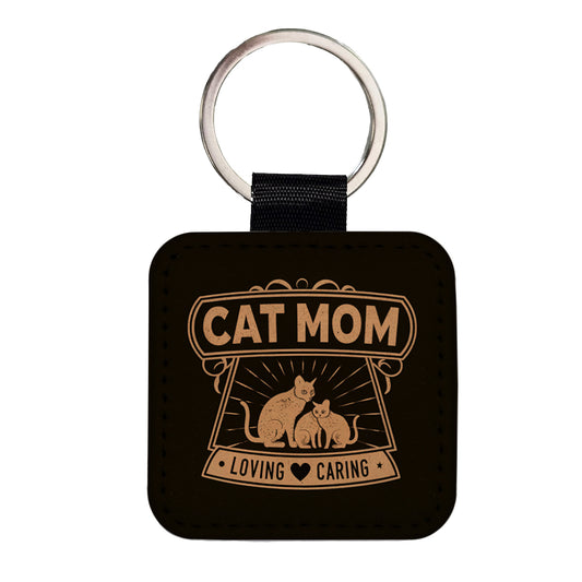 Cat Mom Square Faux Leather Keychain