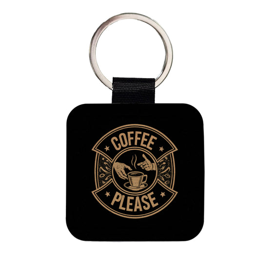 Coffee Please Black Tan Square Faux Leather Keychain