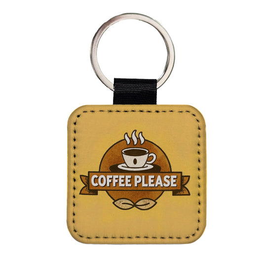 Coffee Please Yellow Square Faux Leather Keychain