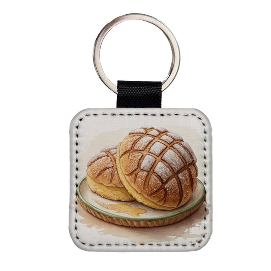 Conchas Pastry Mexican Sweet Bread Square Faux Leather Keychain