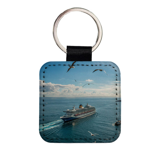 Cruise Ship Ocean Traveling Square Faux Leather Keychain