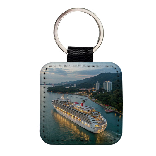 Cruise Ship Travel Vacation Square Faux Leather Keychain