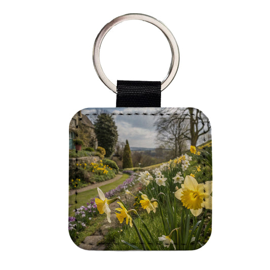 Daffodils Pretty Square Faux Leather Keychain